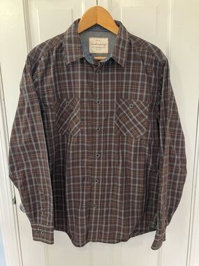 Weatherproof Vintage Brown blue Plaid Button up longsleeve Shirt size M Fall